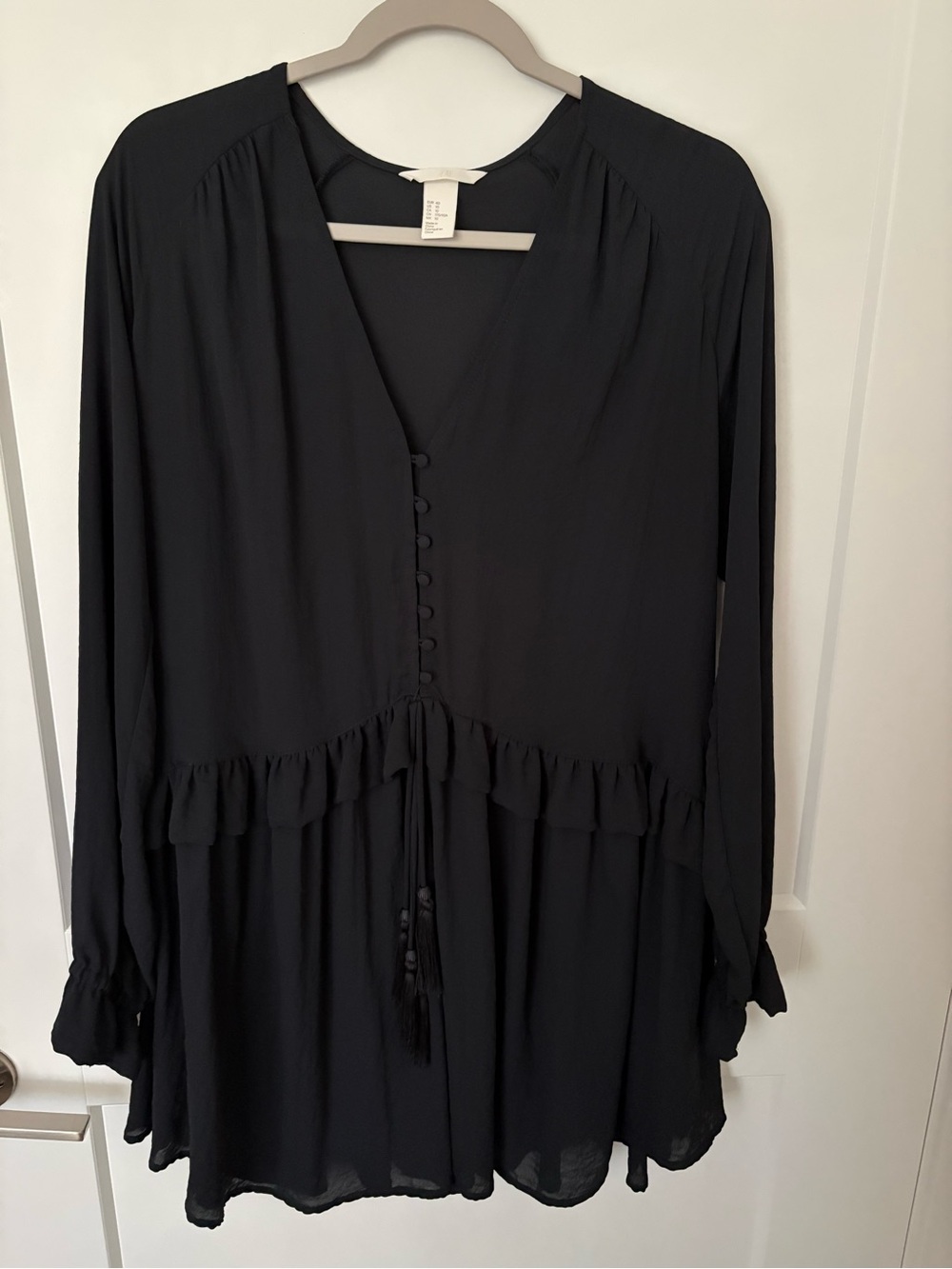 H&M Navy Long-Sleeve Ruffle Tunic Dress with Button Placket